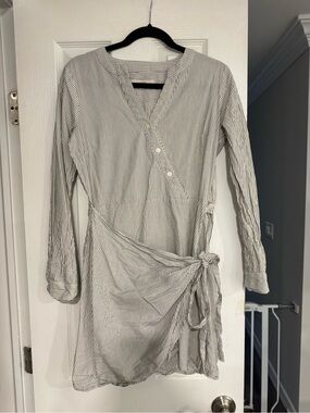 LOFT White and Black Striped Wrap-Front Long Sleeve Dress